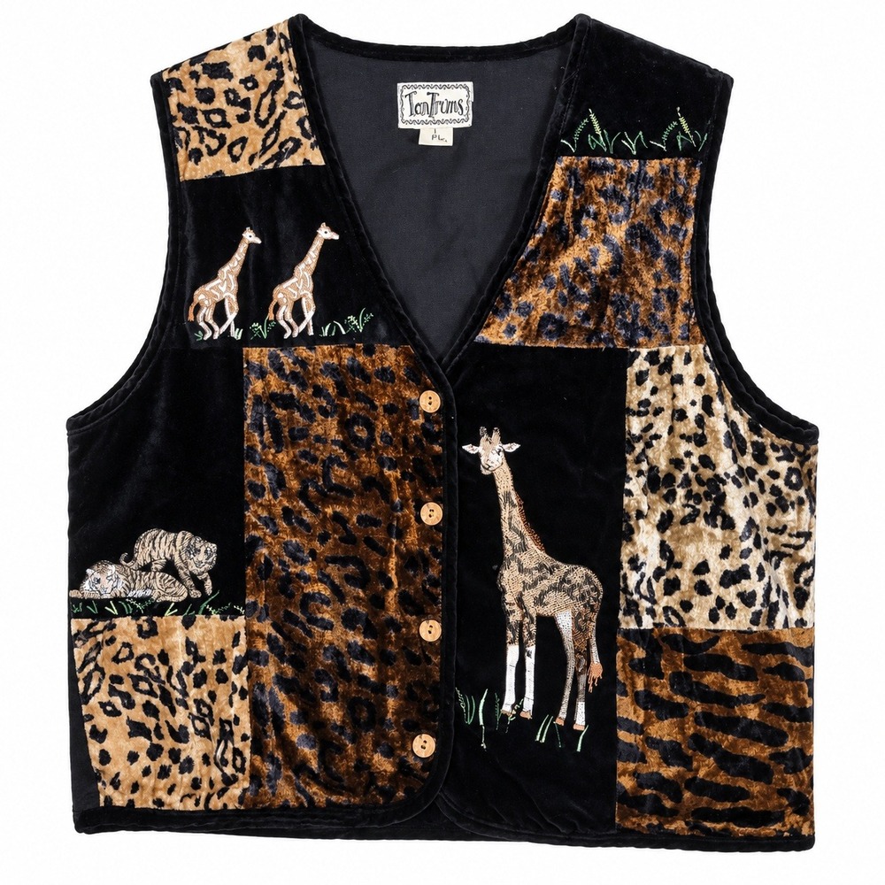 Vintage 90s TanTrums Giraffe Leopard Safari Vest Patchwork Junglecore Boho PL